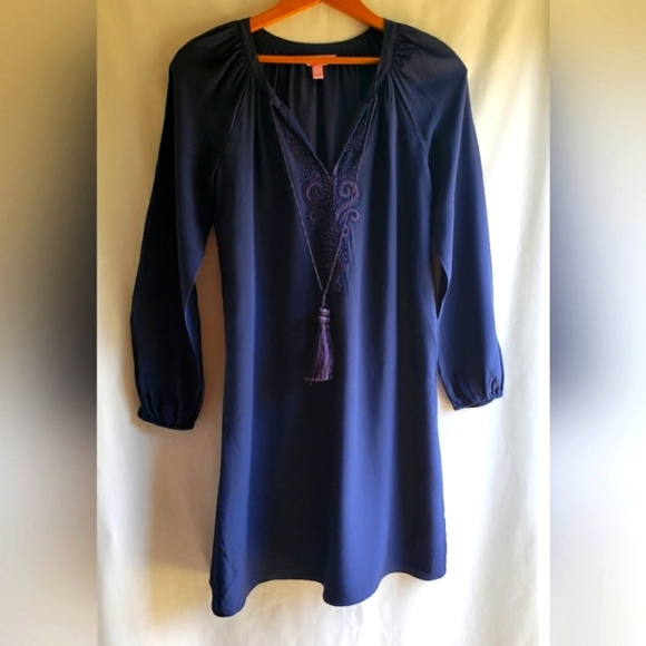 Lilly Pulitzer Roslyn 100% Silk Navy Blue Tunic Dress Beaded Embroidered Sz:S - Picture 4 of 9